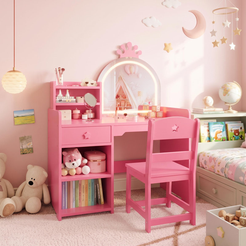 Lighted Crown Mirror Kids Vanity Set - 2-in-1 Wooden Makeup Desk with Chair, Drawer & Open Shelves - Princess Dressing Table with Room Storage for Toddlers  - Pink