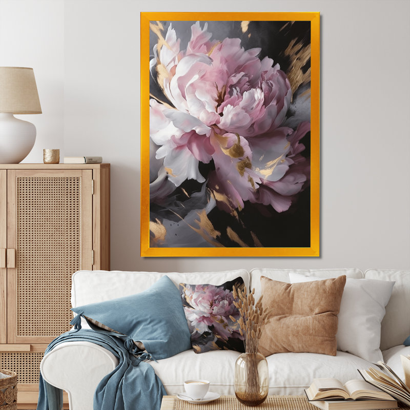 Harmonieux rose gris pivoine II - pivoines, art mural, H 40 po x l 30 po, Cadre doré