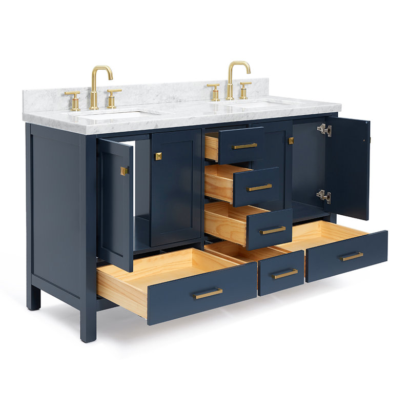 Ensemble de meuble-lavabo double 61 po Cambridge, Bleu minuit / laiton satiné, Forme rectangulaire