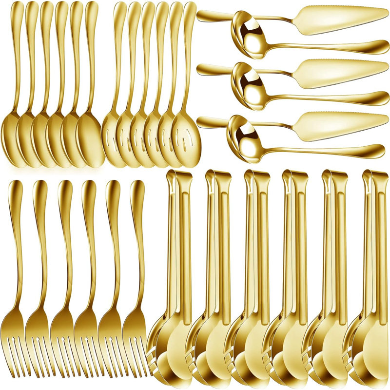 Ensemble d'ustensiles de service 30 pièces en acier inoxydable pour buffet et service de traiteur - comprend des cuillères de service, des cuillères à fentes, des fourchettes, des louches à soupe, des moules à tarte et des pinces