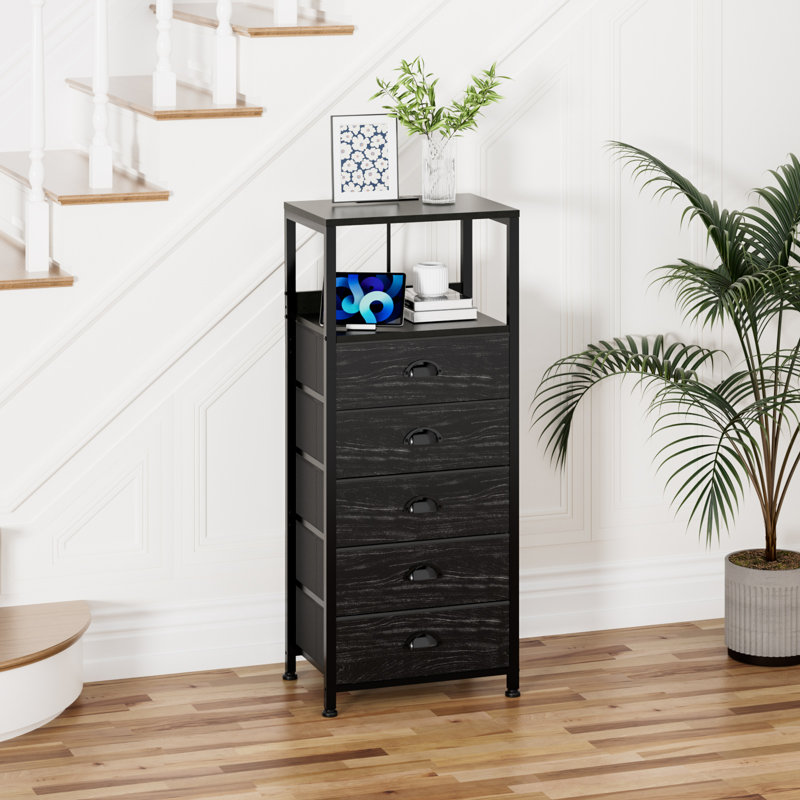 Commode 5 tiroirs avec station de charge, table de chevet avec tiroirs, table de chevet avec prises inviolables, port USB et de type C, commode pour chambre à coucher, commode avec tablette ouverte