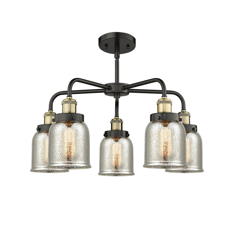 Lustre en verre à 5 lumières Bell, Argent mercuré plaqué, Laiton antique noir