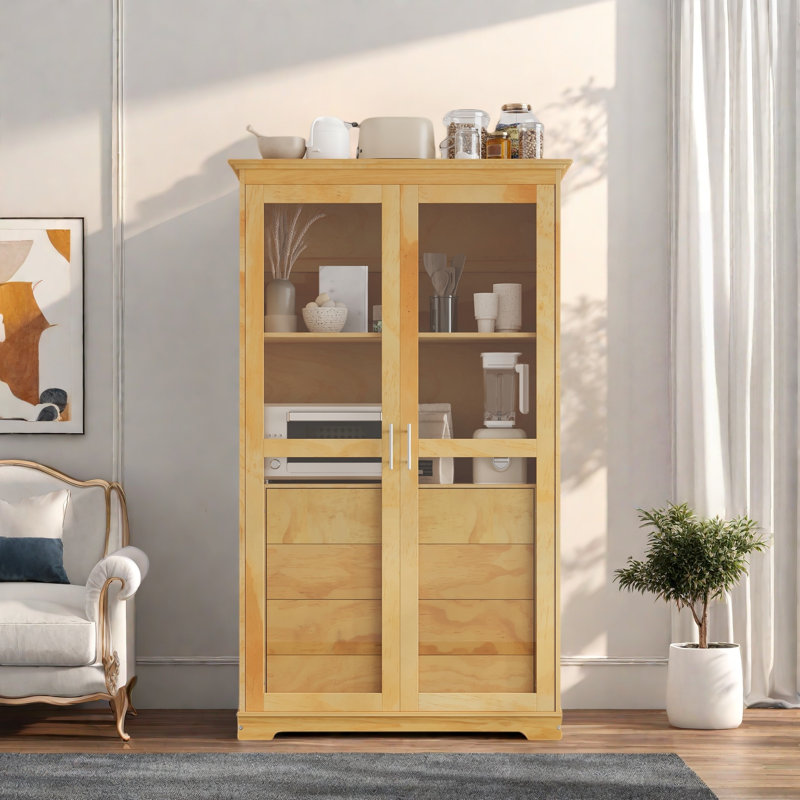 Garde-manger avec portes en verre et 4 tiroirs intégrés, Natural