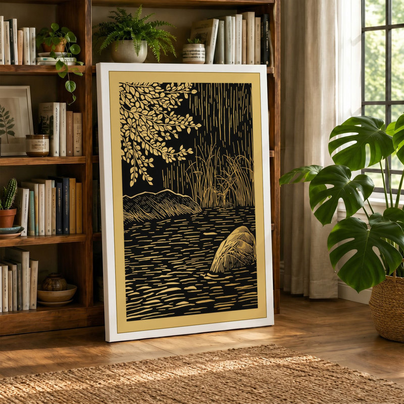 Stone by the River Japandi - Wrapped Canvas, 30x20 - 76.2 x 50.8 cm, Black Border