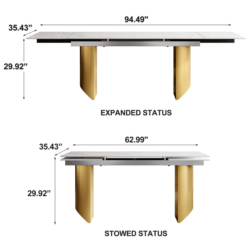 Sammie 9 - Piece 94.48'' Extendable Sintered Stone Dining Table with 8 Leather Chairs Dining Set, Chanel, Gold