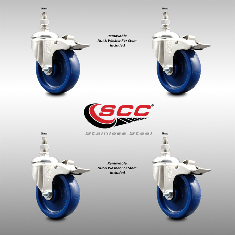 316SS Solid Polyurethane Wheel Swivel Stem Caster Set Lock Brake