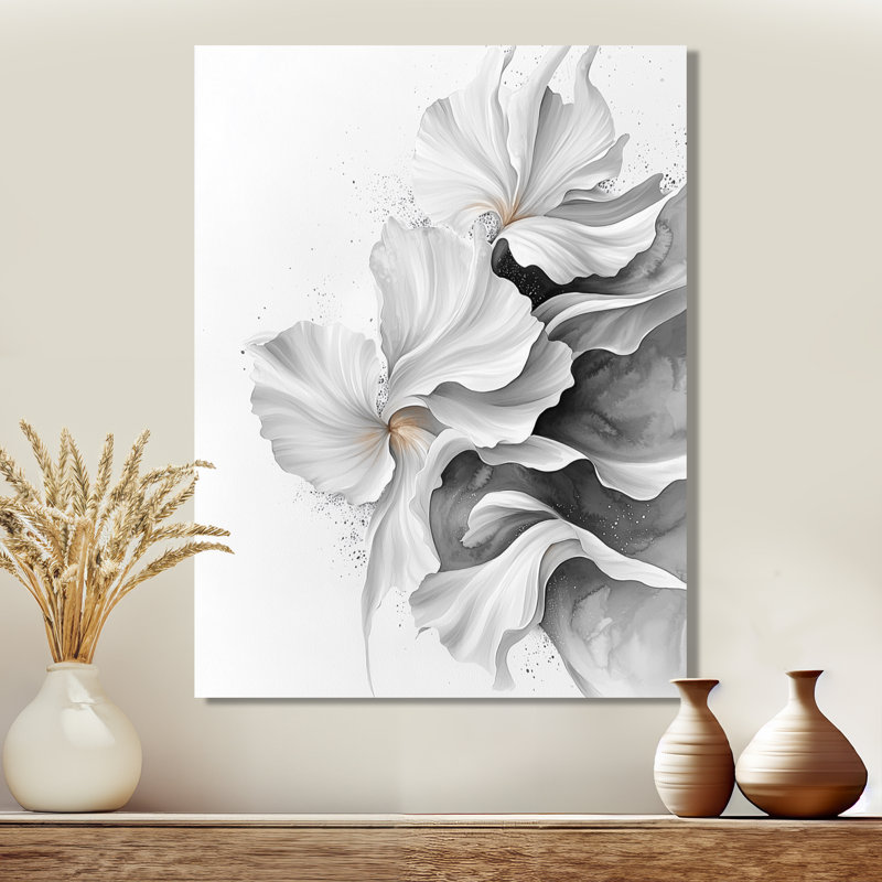 Velours blanc, gris, noir, fleurs abstraites - Fleurs, art mural, H 44 po x l 34 po, Toile tendue, Ne s’applique pas