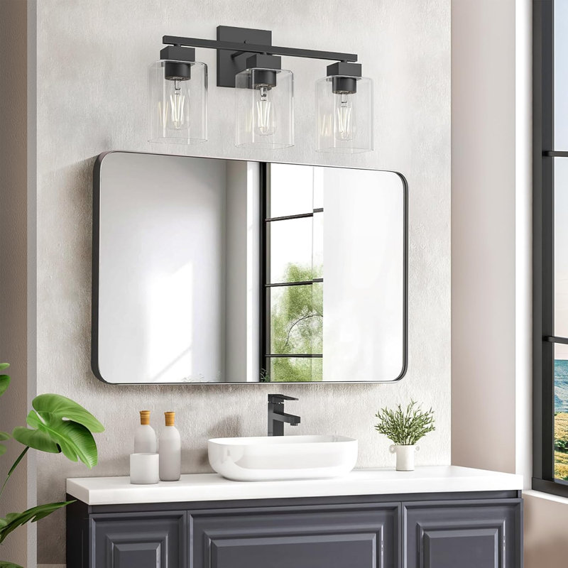 Applique murale 3 lumières pour salle de bain noire mat Esp Espied avec abat-jour en verre transparent, conception carrée, certifié UL, douille E26 (ampoules non incluses)