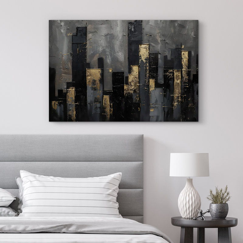 «Moody Gold Grey Dark City Buildings», œuvre d'art sur toile encadrée, Toile tendue, H 32 po x l 48 po