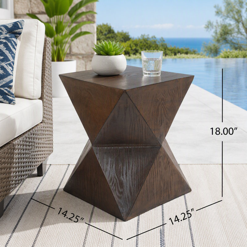 Table d'appoint d'extérieur en béton au fini grain de bois naturel et symétrie prismatique, Naturel foncé