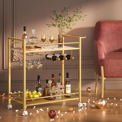 Bar Cart,Home Bar Serving Cart With Storage Shelves, 2 Tier Rolling Beverage Cart With Wheels, Modern Elegant White Wine Cart With Wine Rack And Glass by Latitude Run
