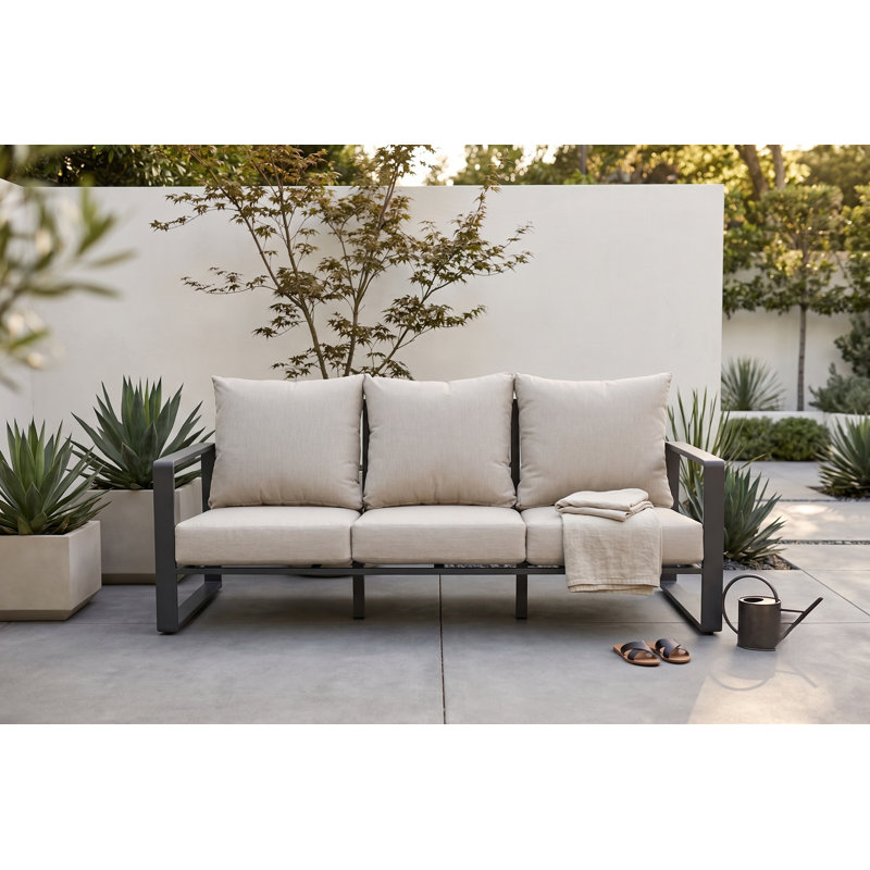 Canapé d'extérieur moderne en aluminium 3 places avec coussins beiges - Siège de patio gris foncé résistant aux intempéries