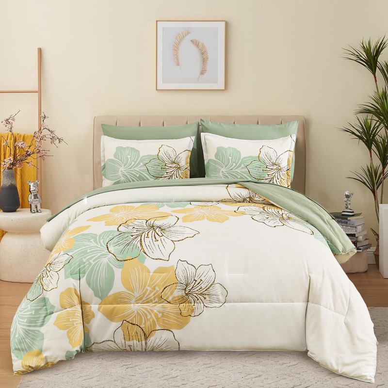 7 Piece Floral Comforter Set Soft Microfiber Bedding Set with Sheets for All Seasons, Gold