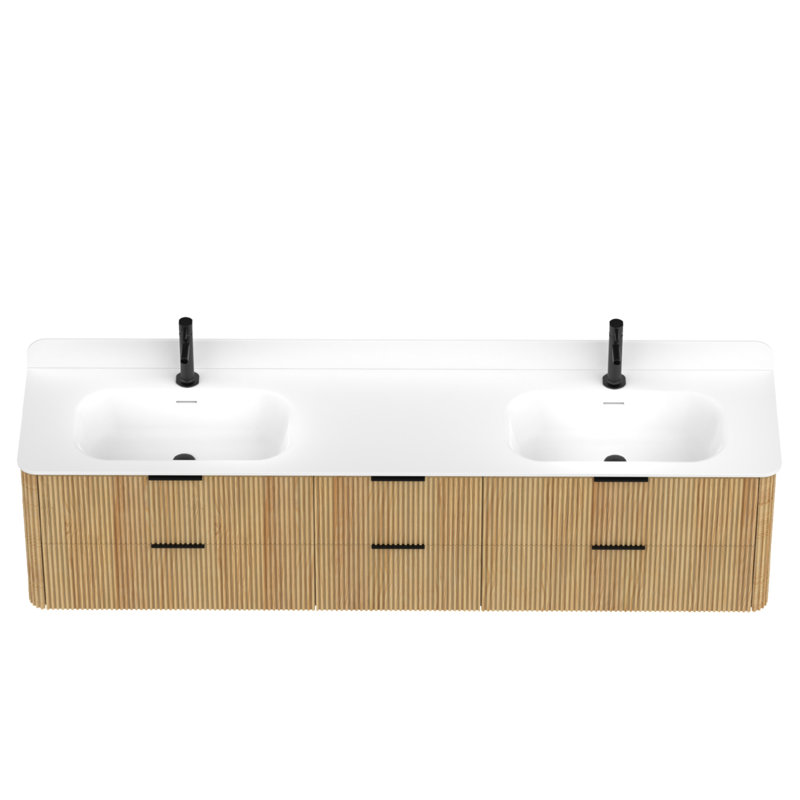 Meuble-lavabo cannelé en chêne doré 84 po avec lavabo intégré et quincaillerie noire 84 po