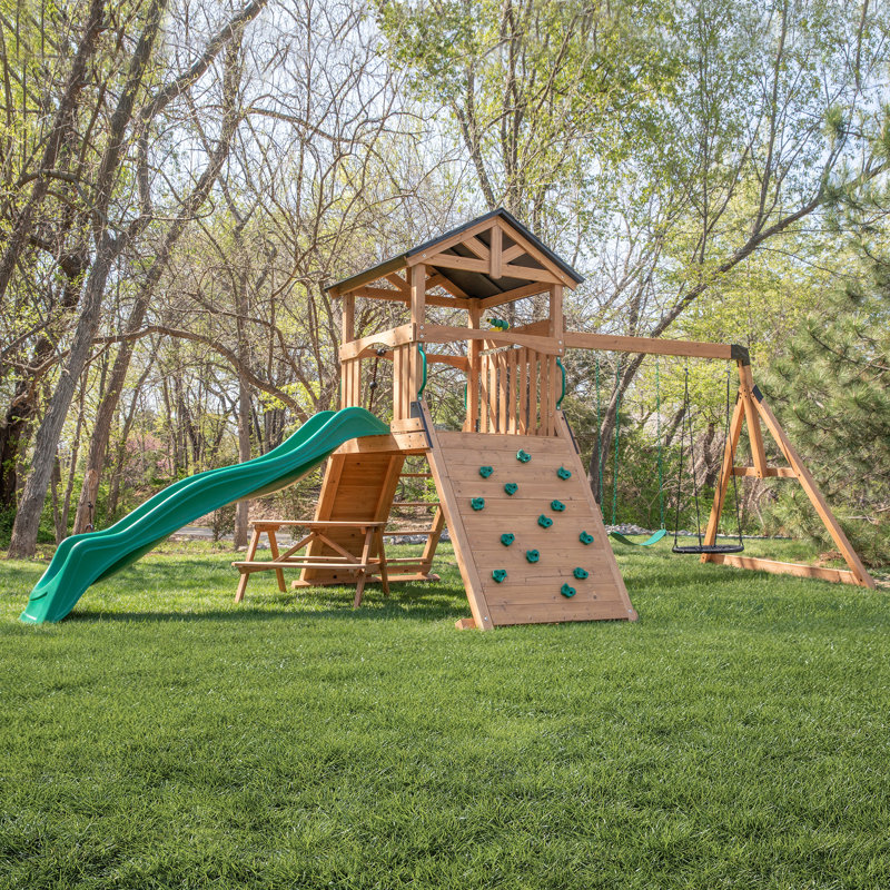 Endeavor II Cedar Wood Swing Set with Green Wave Slide