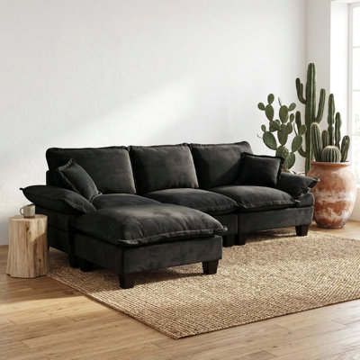 Modular Sectional Sofa, L-Shape Cloud Couch With Sailboat Design, 1 Movable Ottomans & 2 Soft Pillows Included, Comfy Chenille For Apartment Living Room, Black