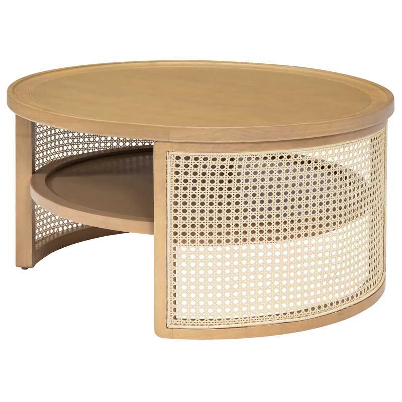 Table basse à 2 niveaux en bois naturel avec tissage, 31,3 po - aspect rustique, base moderne, rangement abondant, structure, garde à bord incurvé