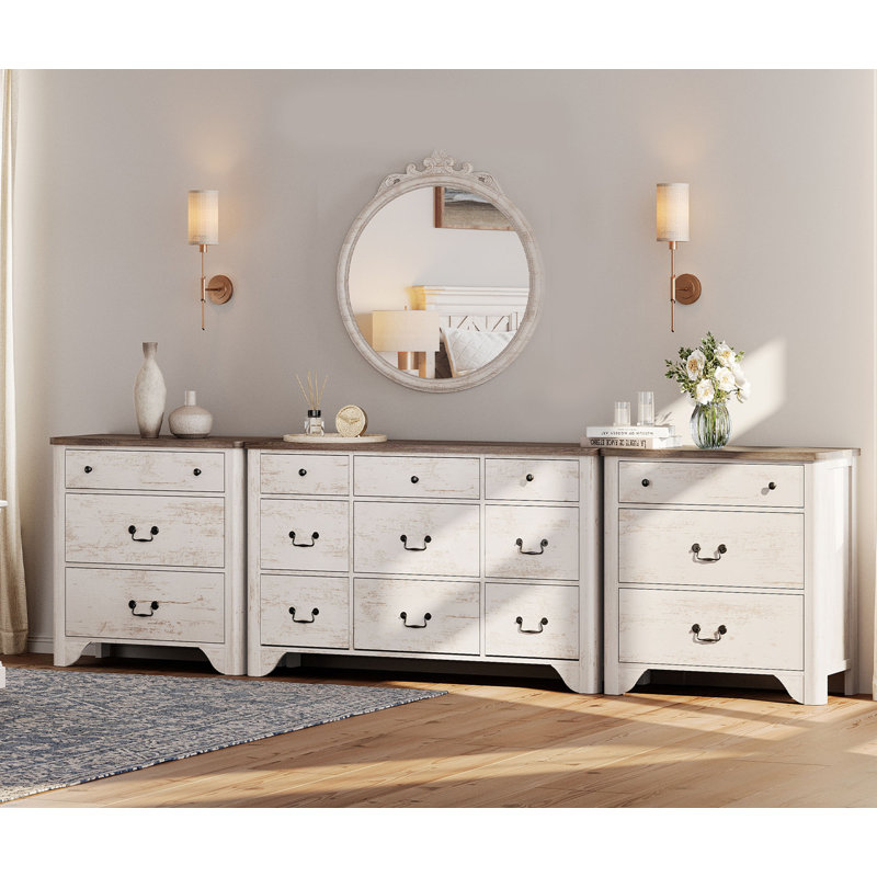  Ensemble de commode de chambre 3 pièces, commode 9 tiroirs et commode 3 tiroirs Haikey, Blanc