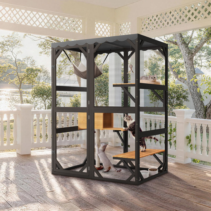 Enclos extérieur pour chat Catio, grande cage en bois avec plateformes et petites niches - Noir, 130 cm (L) x 91 cm (P) x 176 cm (H)