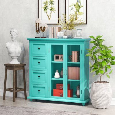 Buffet Sideboard Storage Cabinet With 4 Drawers And Glass Doors