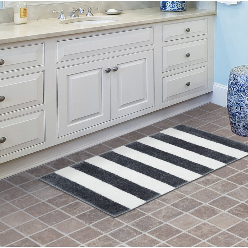 Ronning Beach Stripe Nylon and Polyester Bath Rug with Non-Slip Backing, Cinder Gray/White