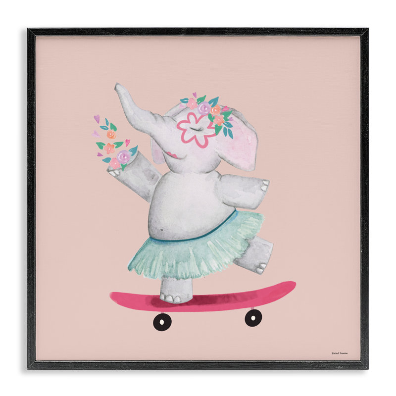 Skateboarding Elephant with Flowers, giclée encadrée, design par Rachel Nieman, H 24 po x l 24 po