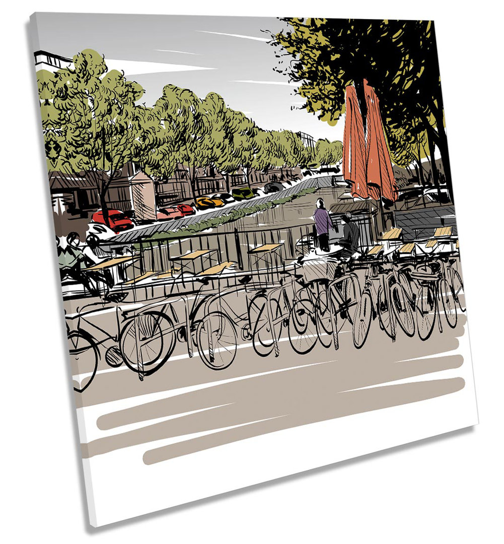 Amsterdam Café City Sketch Picture CANVAS WALL ART Square Print Multi-Coloured