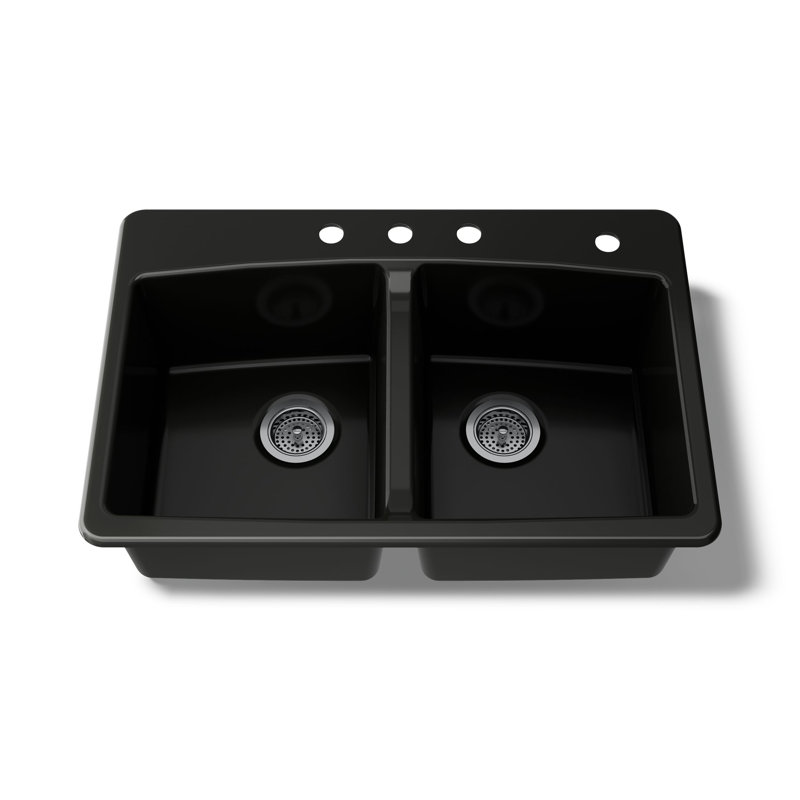33" L x 22" W x 9-5/8" Top-Mount Double-Equal Kitchen Sink, Black, 4 Hole