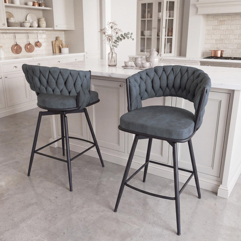 26" Swivel Bar Stools Set Of 2 – Suede Upholstered Counter Stools With Woven Backrest, Metal Base & Footrest