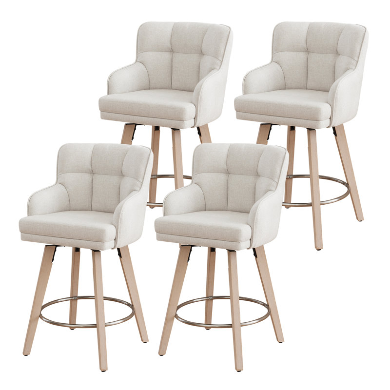 26''H Upholstered 360°Swivel Counter Height Bar Stools, Wood Legs Kitchen Island Chairs, Beige Seat/ Natural Frame, 4