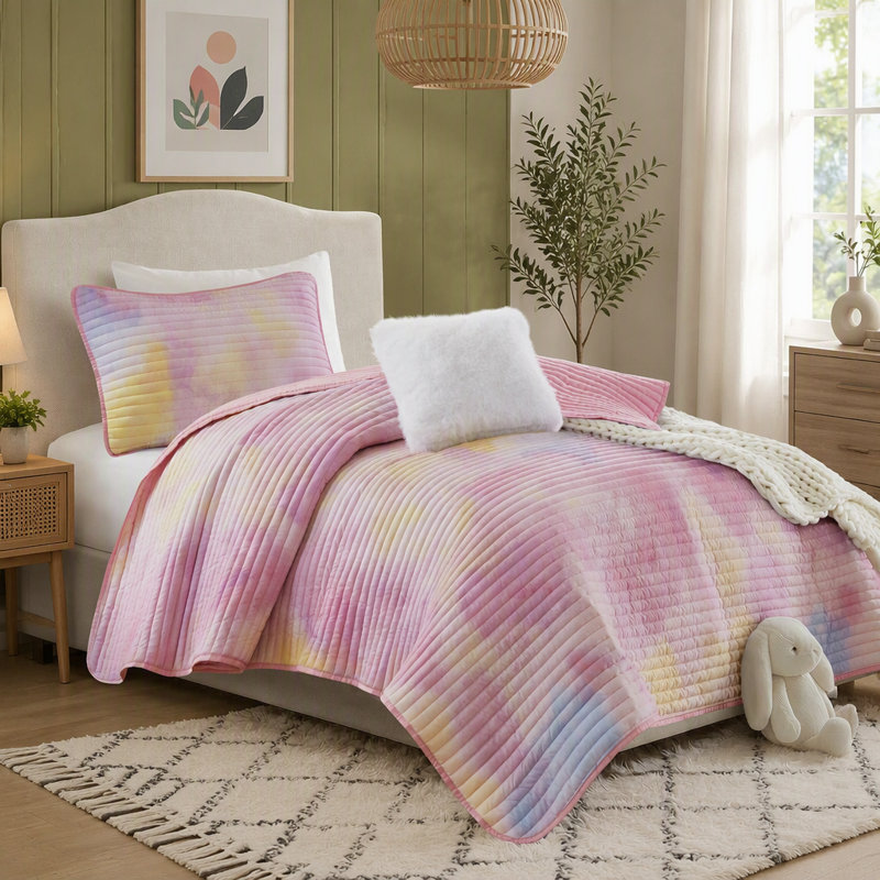 3 Pieces Twin Twin XL Watercolor Tie Dye Printed Quilt Set 68 x 90 Inch with Pillow, Pink