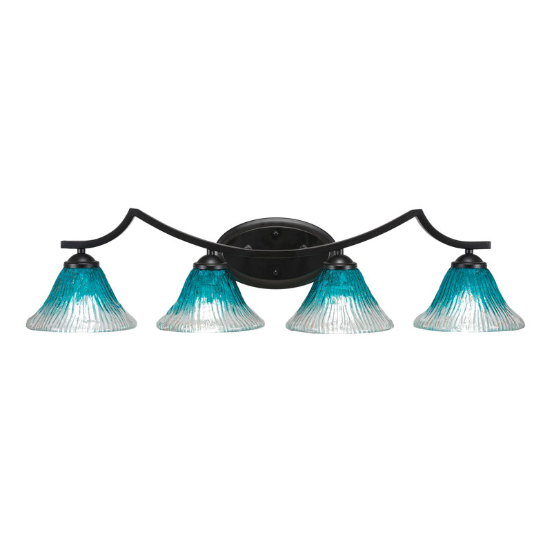 Barre d'éclairage de salle de bain 4 lumières Zilo au fini noir mat avec verre cristal sarcelle de 7 po, Noir mat
