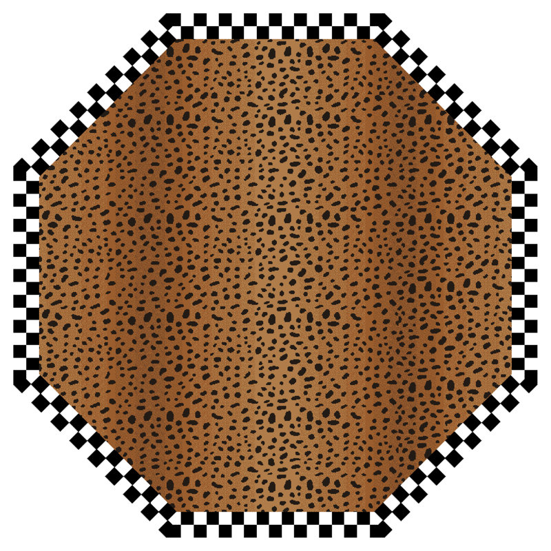 Handmade Tufted Black Wool Round Cheetah Rug with Checked Border