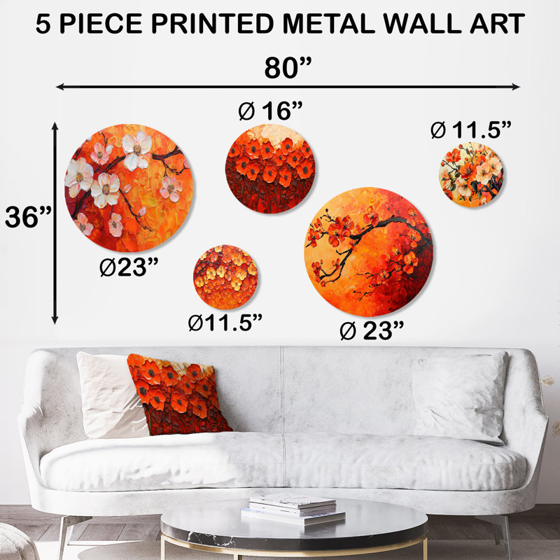 Coucher de soleil sur les teintes de fleur de pommier - art mural fleur de pommier - ensemble de 5 - art mural traditionnel en métal - ensemble de 5