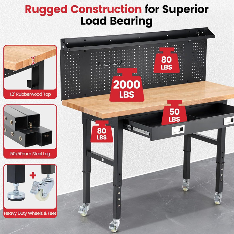 Workbenches for Garage Work Bench with Wheels 60 Inch Adjustable Rubber Wood Top Garage Workbench with Drawers, Pegboard, Power Outlets