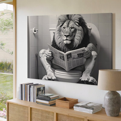 Canvas Wall Art A Humorous And Unexpected Scene Features A Lion Sitting Upright On A Toilet In A Tiled Premium Quality Ready To Hang