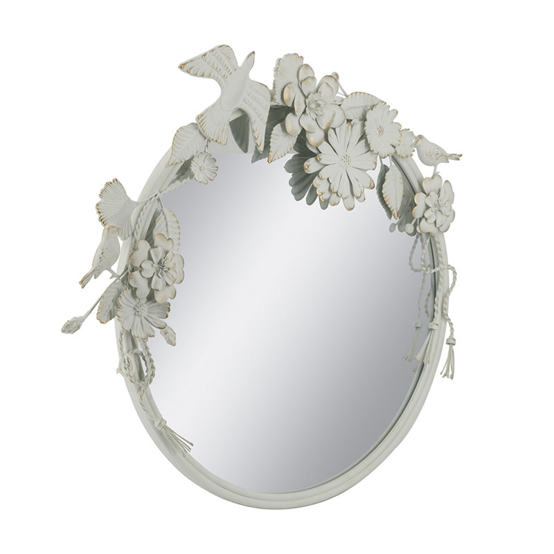 Miroir mural blanc en fer et panneau de fibres à densité moyenne avec ornements floraux et oiseaux