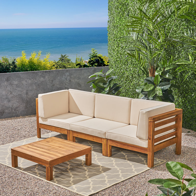Ensemble de conversation modulaire en bois de teck avec coussins 4 pièces Belle, Structure brune / coussin beige