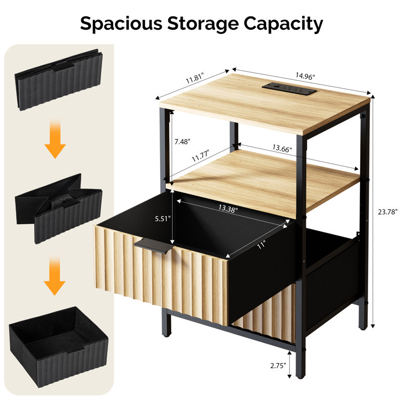 15 Inches Wide Odriscoll - 2 Drawers, 1 Shelf, US Power Outlet - Set Of 2, Oak