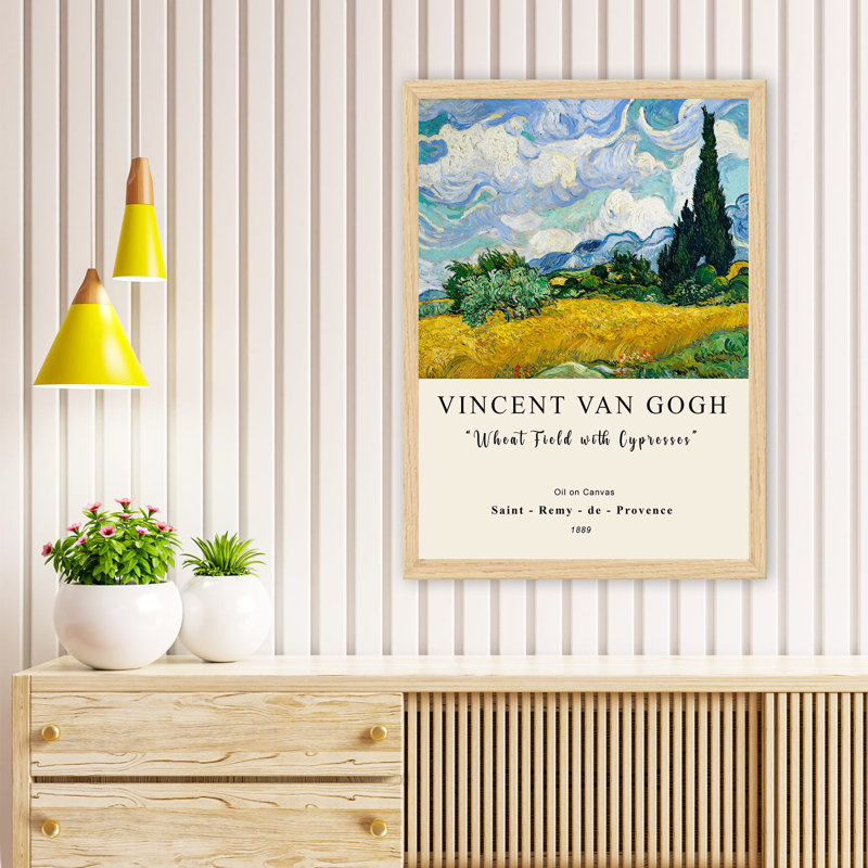 Peinture encadrée Vincent Van Gogh, champ de blé avec cyprès, 13,8 po x 17,7 po | Cadre 100% bois avec polystyrène épais de 0,8 pouce | Impression numérique UV, parfaite pour la décoration de la maison ou du bureau, œuvre d'art élégante
