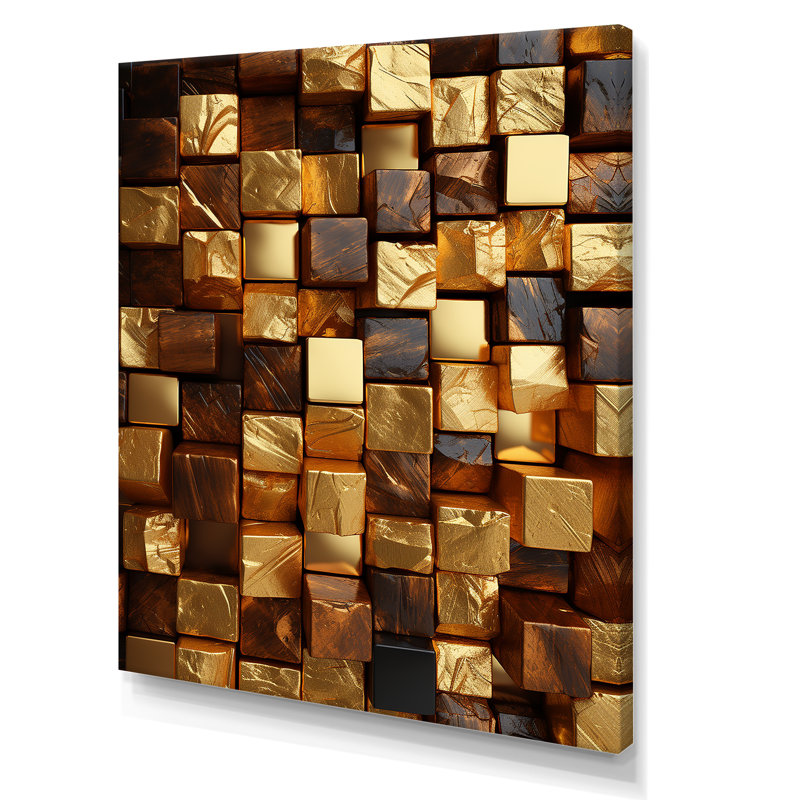 Or abstrait cubes II - art mural géométrique, H 40 po x l 30 po x P 1,5 po, Toile tendue