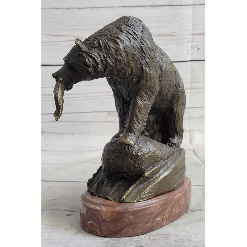 Bronze Bear with Fish Metal Sculpture on Marble Base