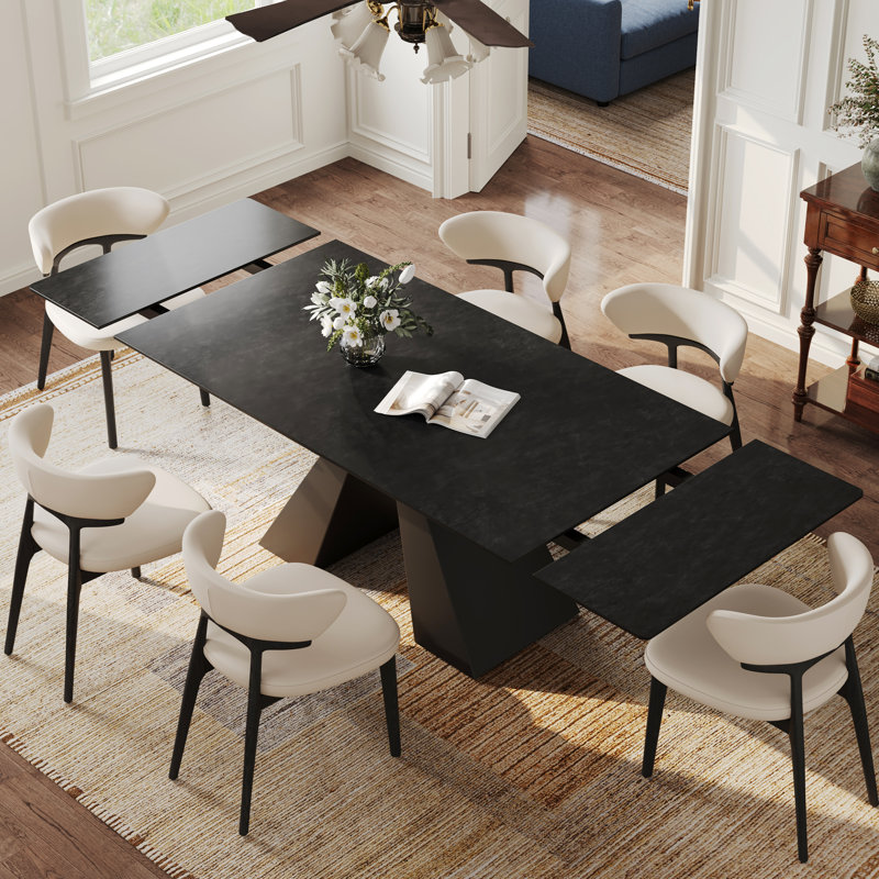 Table de salle à manger extensible en pierre frittée Lethia de 63 à 94 po pour 4-10, gris foncé avec piédestal en carbone noir