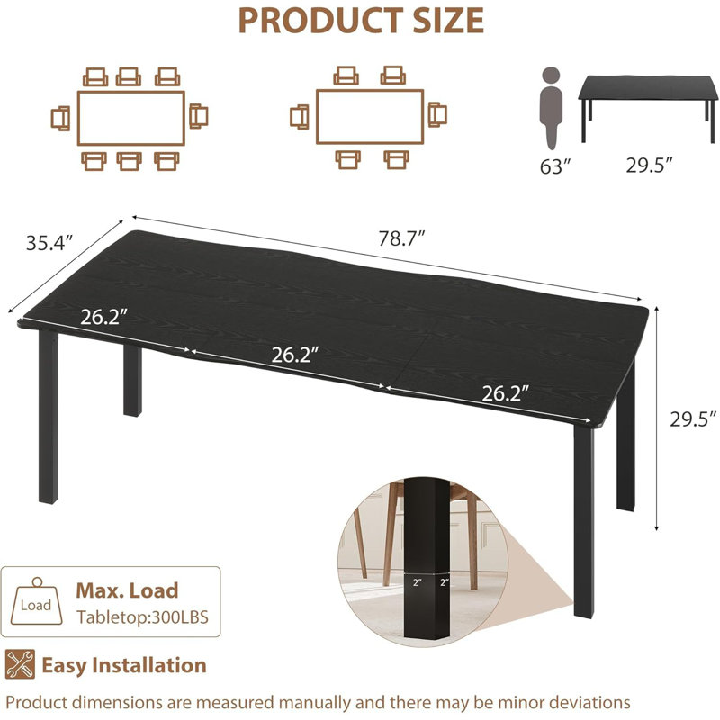 Table de salle à manger 79 pouces pour 6 à 8 personnes, table de cuisine avec pieds en fer, imperméable et résistante aux rayures, capacité de 300 lb, noir