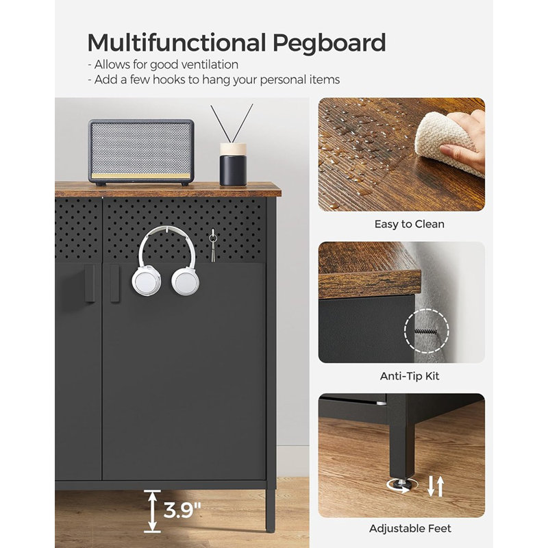 Storage Cabinet, Metal Cabinet, Sideboard With 2 Doors, 15.7 X 31.5 X 29.9 Inches, Magnetic Closure, Adjustable Shelf, Steel Frame, Rustic Brown And Black ULSC102B01