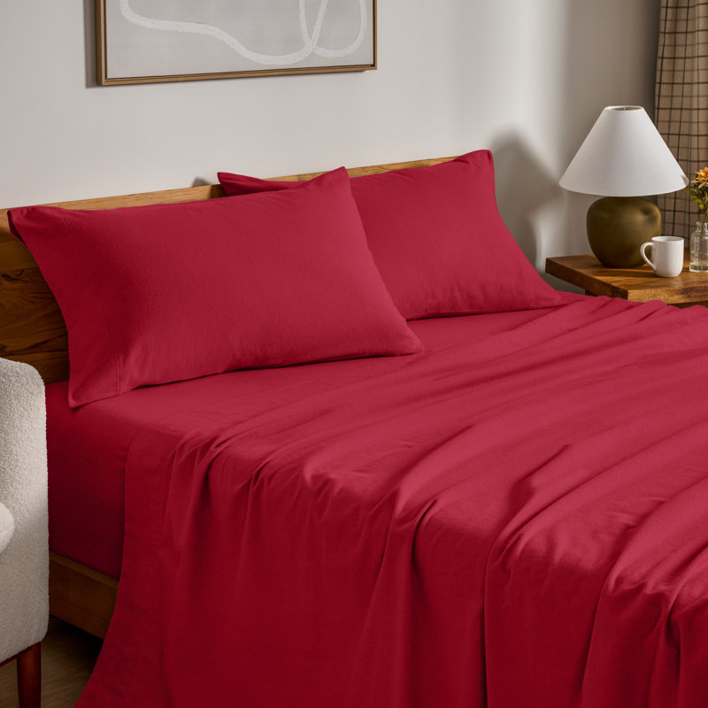 100% Cotton Flannel Sheet Set, Red, Twin XL Sheet Set with 1 Pillowcase