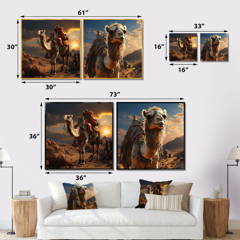 Majestic Camel Desert Wanderer I - ensemble de 2 impressions sur toile chameau, Toile tendue, H 36 po x l 73 po x P 1,5 po