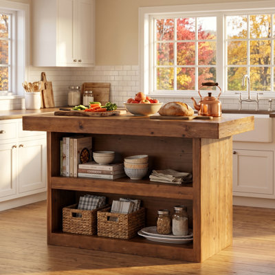 Îlot de cuisine en bois massif de 55 pouces avec rangement et sièges, 2 tablettes ouvertes pour la cuisine