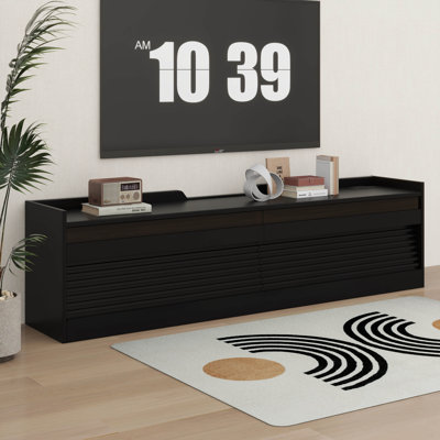 Modern Fluted TV Stand With LED Light And USB Charging Station, Wood Media Console With 4 Drawers, Tempered Glass