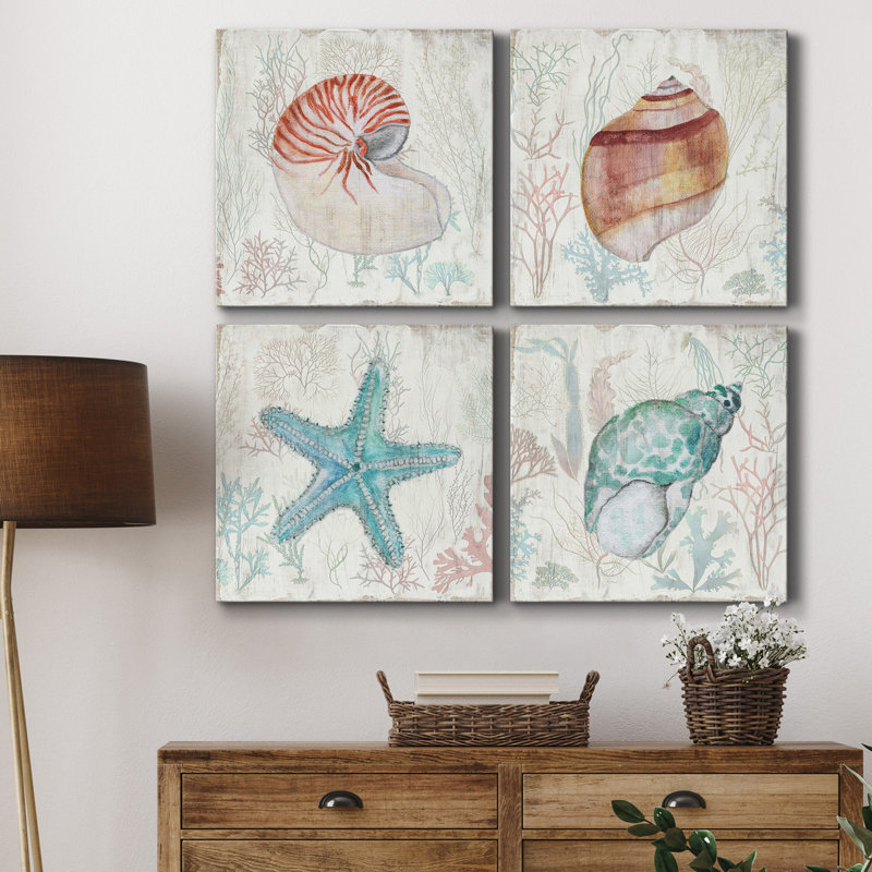Coral and Shell I - ensemble de 4 reproductions sur toiles tendues, H 32 po x l 128 po x P 1 po